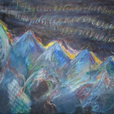 painting, collage, pencil crayon, mountain imagery