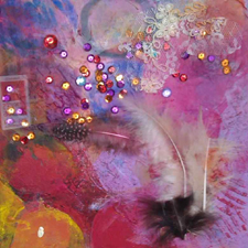 mixed media art, collage, feathers, pink, painting