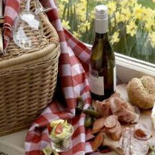 food, wine, table cloth, basket