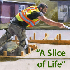 oil painting, original painting, a slice of life, municipal workers, concrete layers, figurative painting, neighbourhood, street scene, 