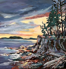 Neck Point, sunrise, cliffs and ocean, acrylic painting, westcoast scene, original art, art show opening, artist talk, magnificent trees, salish sea, Nanaimo park