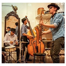 Connor Stewart Tio, Connor Stewart, Noah Gotfrit, Aaron Levinson, New Orleans, music, concert, gig, jazz, jazz combo, jazz trio, saxophone, tenor saxophone, soprano saxophone, clarinet, upright bass, acoustic bass, double bass, drums, tambourine, Crofton, Osborne Bay Pub