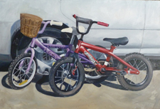 Bicycles, children, art, oils, realism, colour, family, painting,