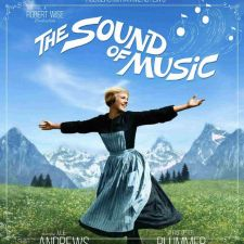 Vintage, festive, holidays, music, dancing, woman, open field, snowy mountains