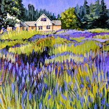 Lavender field and house painted By Cheryl Painter