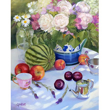 Peonies, tea, Naomi Grindlay, oil paint, victoria fine art