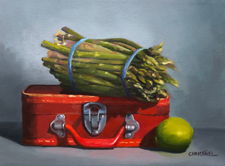 still life, oil painting, contemporary still life, red suitcase, vintage suitcase, asparagus, lime, claire christinel fine art