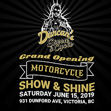motorcycle, show and shine, poster, music, food, burlesque, roller dance, langford, duncan's speed & cycle