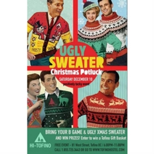  Christmas Party, Christmas Potluck, Hostels International, Tofino, Tofino Christmas, Tofino events, Tofino Hostel, Ugly Christmas Sweater, Whalers on the Point, Food & Drink