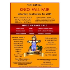Fall Fair, Huge Garage Sale, Bargains! Family Fun, Live Entertainment, Breakfast + Lunch, Muffins + Homemade Pies, Homemade Baking, Cookie Walk, Popcorn, Ice Cream, KidZone, Children�s Creative Corner, Bouncy Castle (2-5 yr. olds), Silent Auction, Bargains!, Music, Concession, Plants, Fresh Produce, Ladies' Wear, Jewellery, Accessories, Men�s Clothing, Kids' Clothing & Toys, Bargains! Free Parking/Shuttle Service, Free Admission