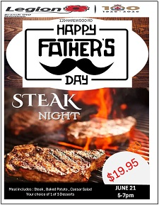Fathers Day, Steak Dinner, Royal Canadian Legion Branch 10, steak, baked potato, Caesar salad dessert, veterans