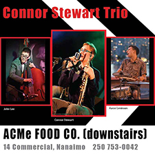 Music, concert, gig, jazz, trio, tenor sax, drums, bass, Connor Stewart, John Lee, Aaron Levinson