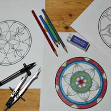 tools for drawing mandalas, coloured pencils, mandalas, drawing, creating, meditating, meditation, peaceful, practice